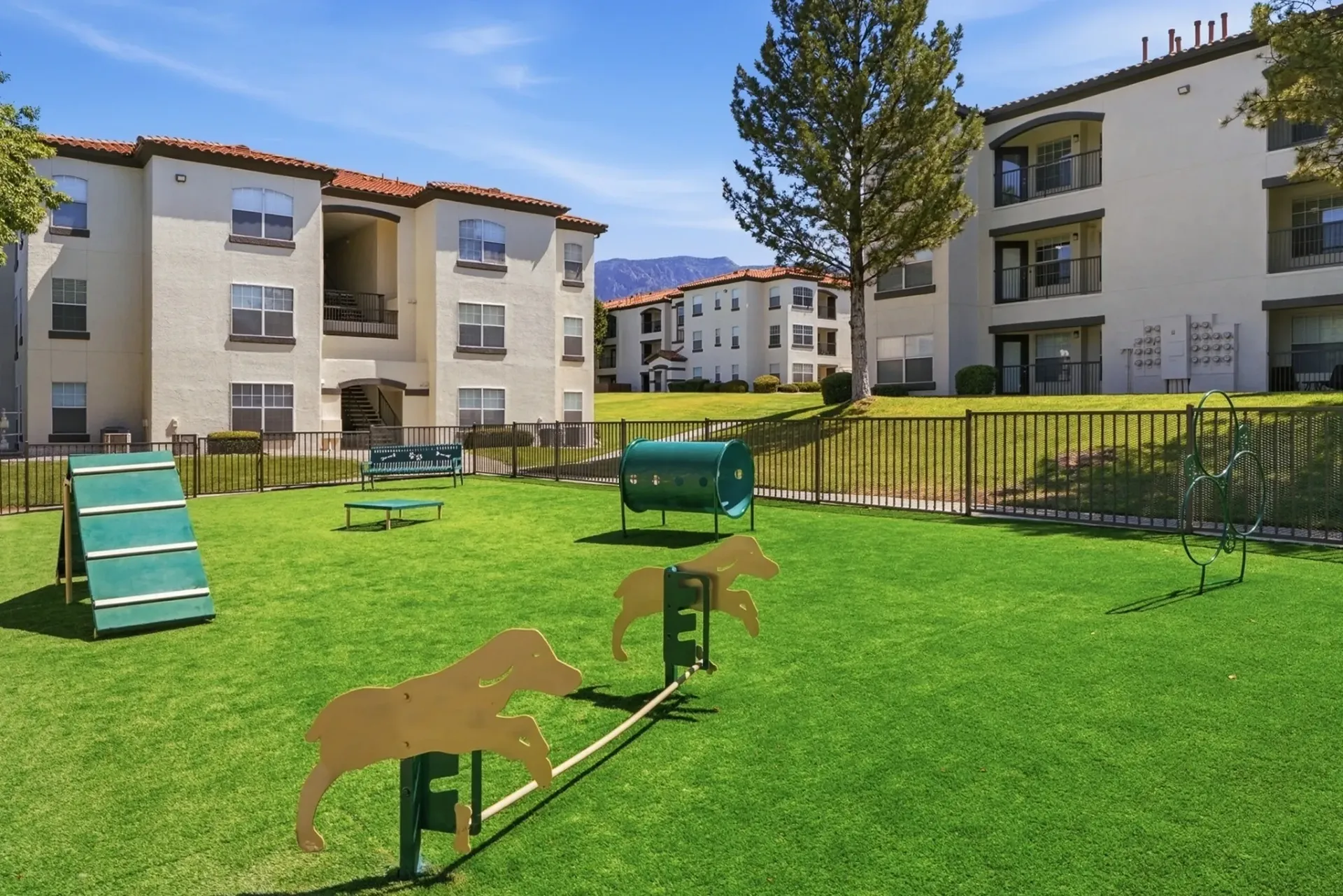 An outdoor dog park with agility equipment and apartment buildings in the background at La Ventana, offering apartments in Albuquerque, NM.