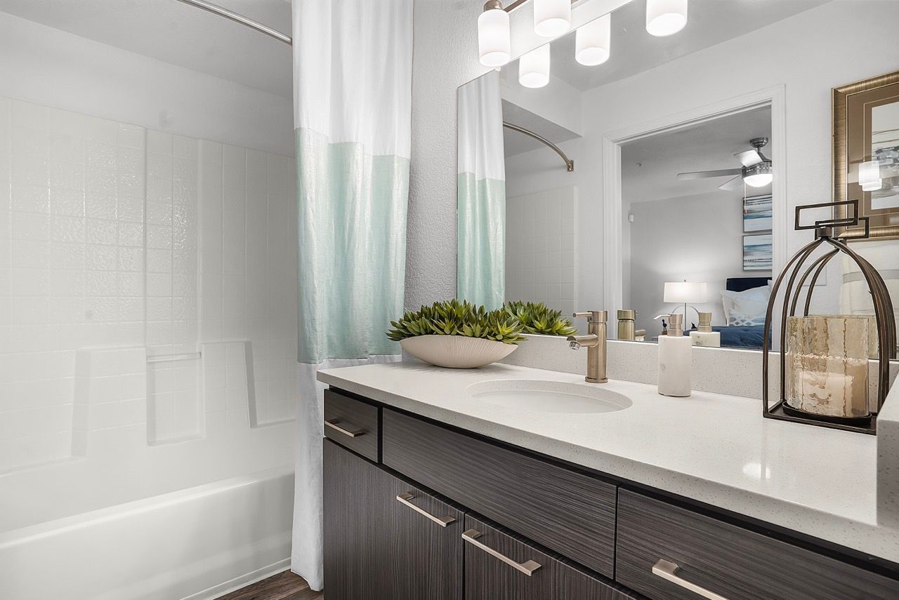 Modern apartment bathroom with a vanity, sink, mirror, and shower curtain.