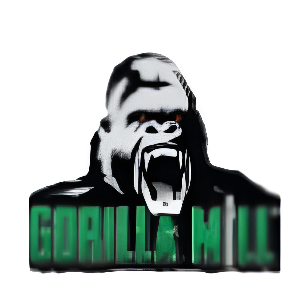Gorilla head with snarling teeth above the words
