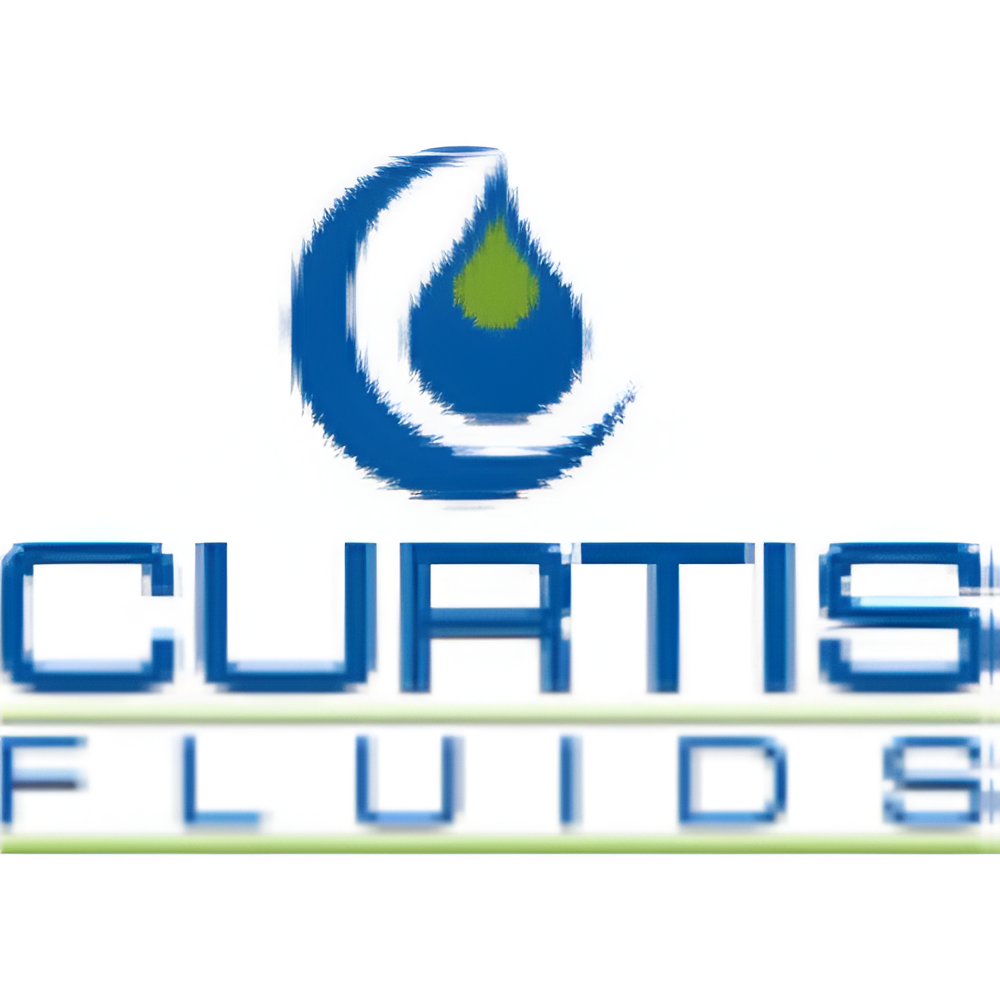 Curtis Fluids logo: Blue stylized water drop with green interior, and company name in blue on white background.