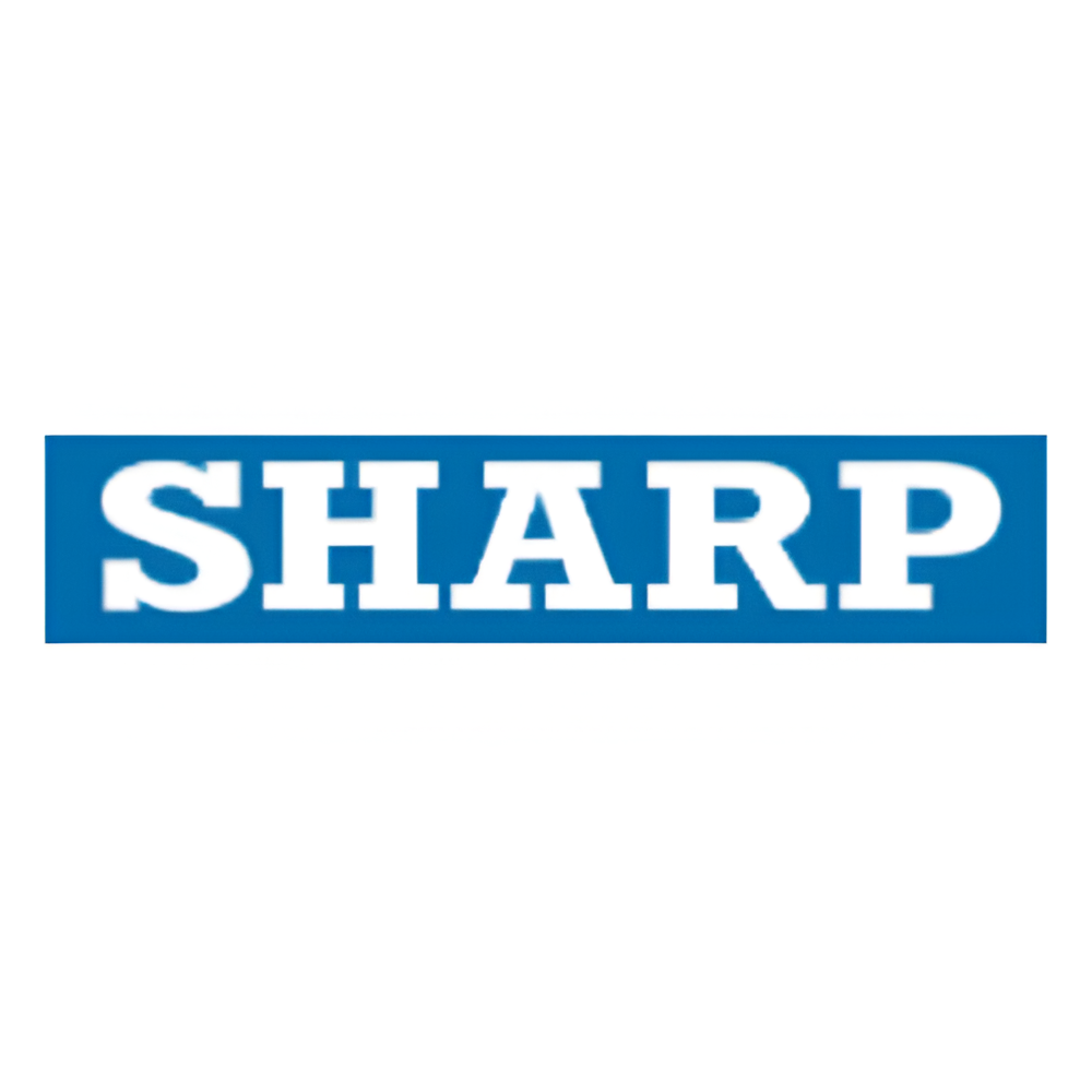 Sharp logo: White text "SHARP" in a blue rectangle.