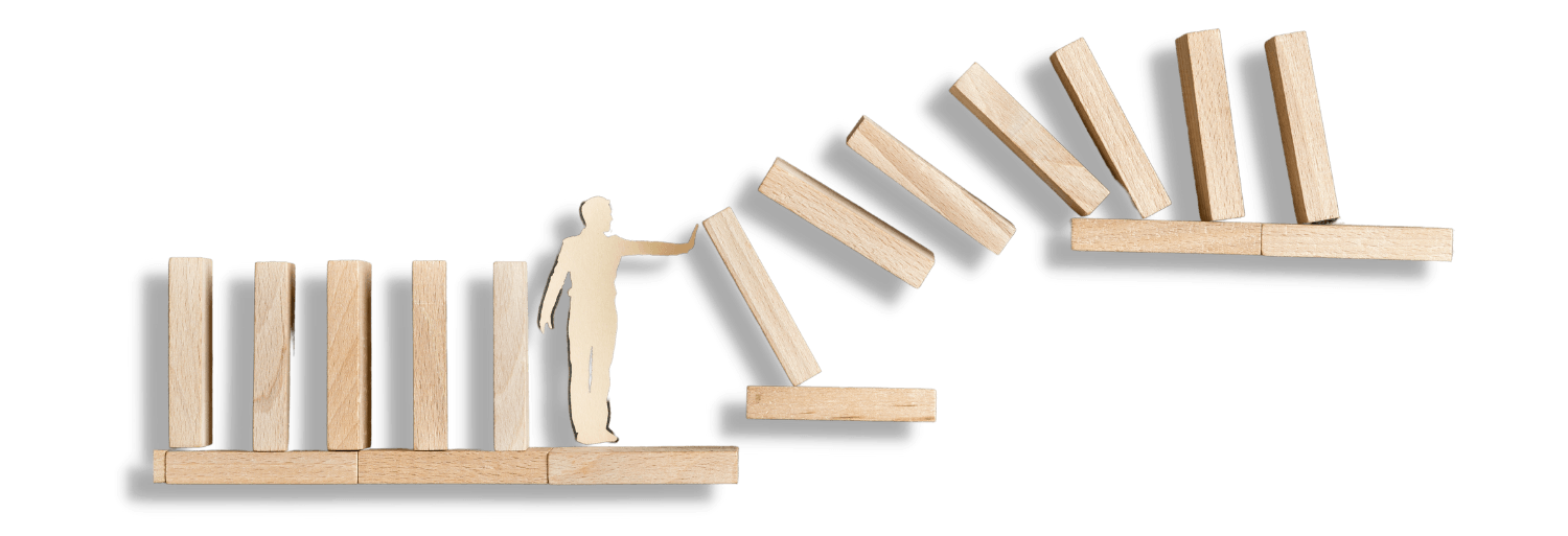 A row of wooden dominoes stacked on top of each other on a white background.