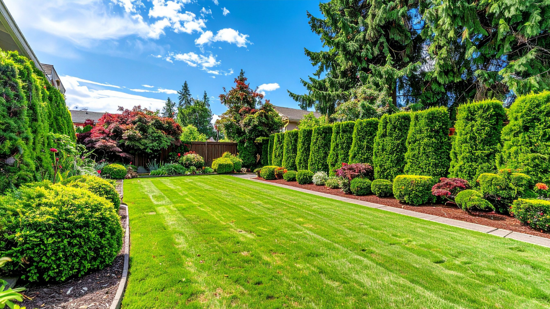 Manicured green lawn bordered by trimmed hedges and trees under a bright blue sky