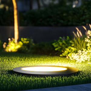 Round outdoor garden light glowing in a grassy lawn at night, with plants in the background