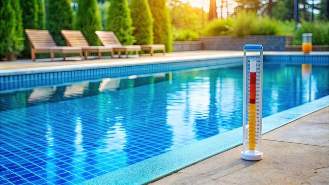 Outdoor swimming pool with blue water, lounge chairs, and a thermometer by the deck