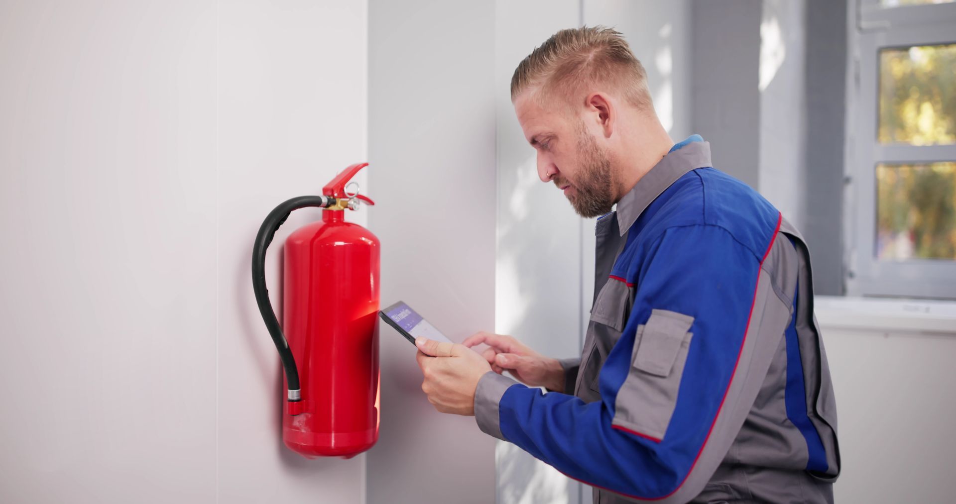 Man inspecting fire extinguisher