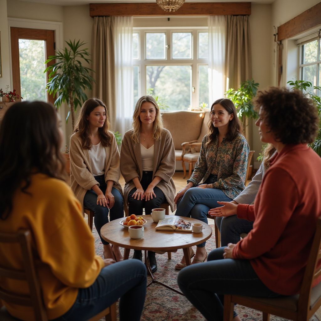 Small group seated in a cozy living room, talking around a low round table with snacks.