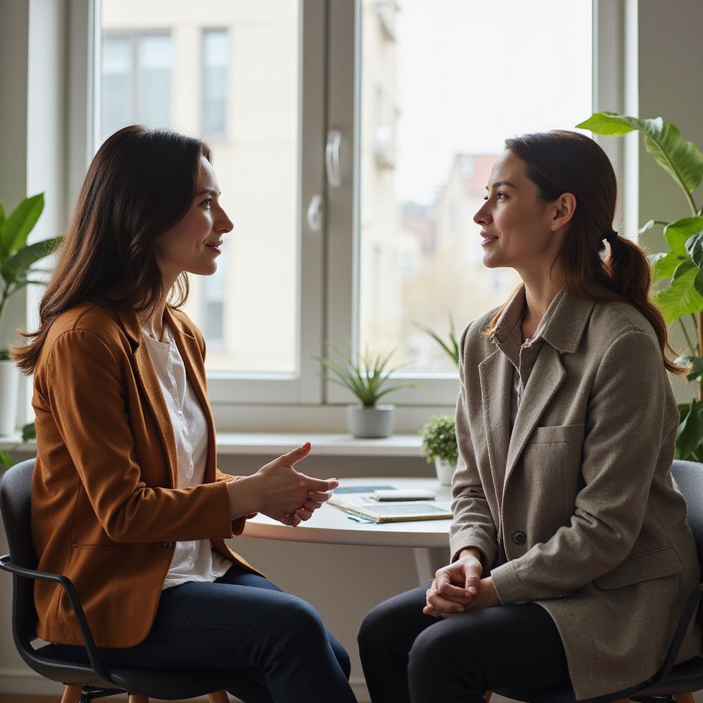 Two women talking in a bright office, seated across from each other near a window.