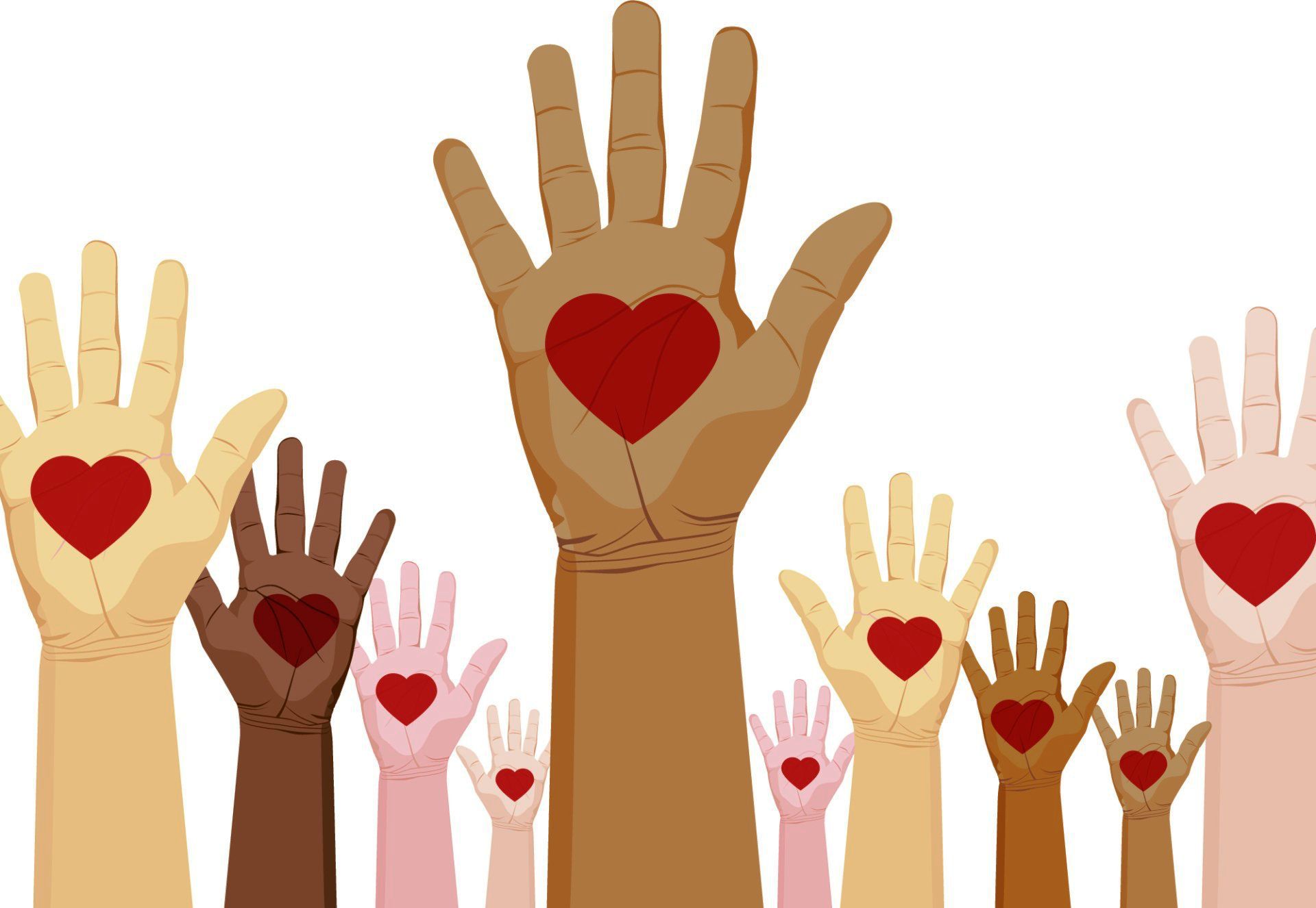 Raised hands with red hearts, symbolizing support and solidarity.