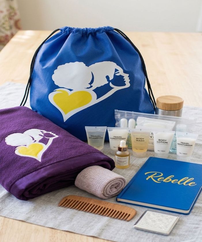 Purple drawstring bag with yellow peace, heart, and leaf symbols beside craft supply icons on blue background