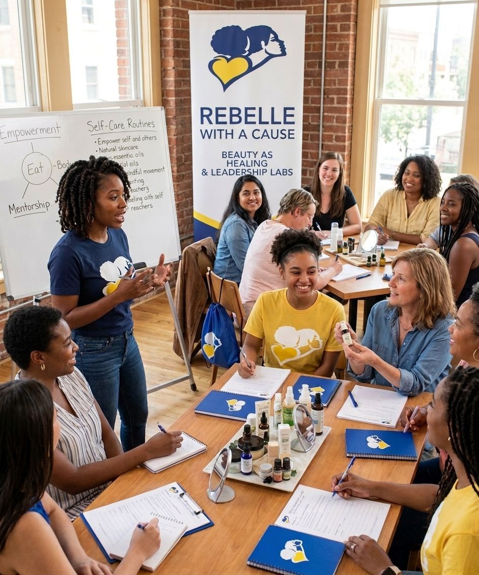 People seated around a table in a bright workshop, with a “Rebelle With a Cause” banner in the background