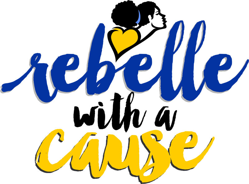 Stylized logo reading “rebelle with a cause” in blue, black, and yellow script with a heart and profile silhouette