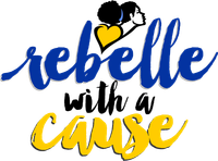 Stylized logo reading “rebelle with a cause” in blue, black, and yellow script with a heart and profile silhouette