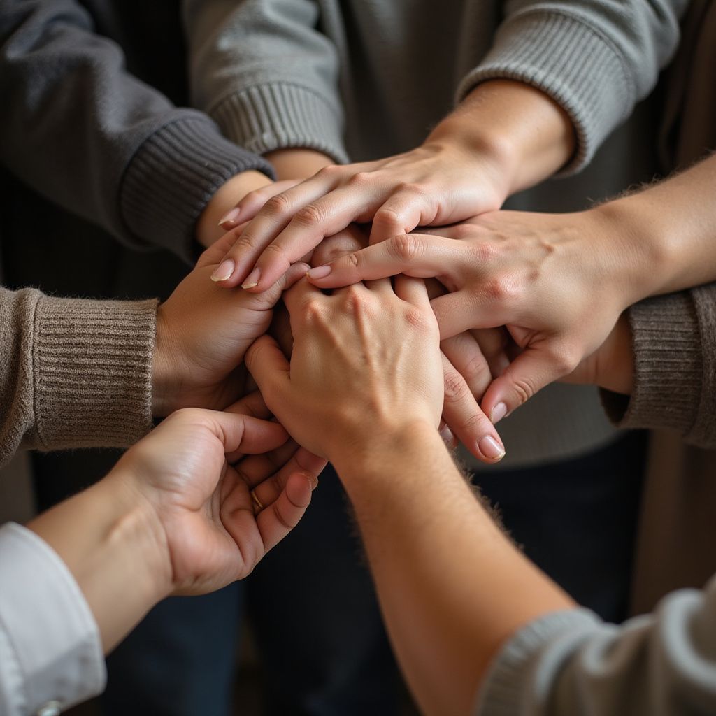 Hands stacked together in a group, showing teamwork and unity.