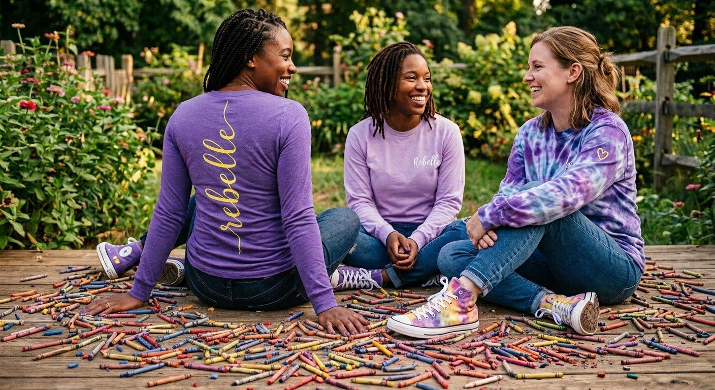 Three women sitting outside  in a garden, surrounded by broken crayons smiling and chatting.
