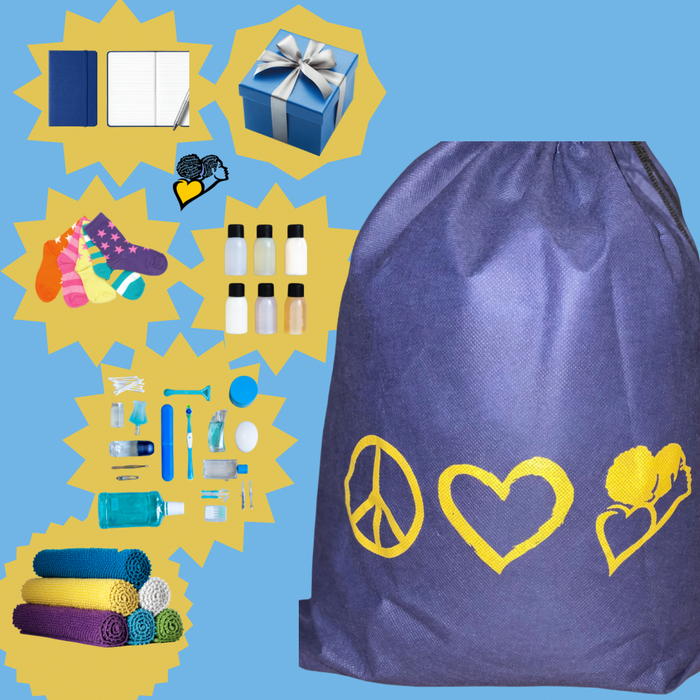 Purple drawstring bag with yellow peace, heart, and leaf symbols beside craft supply icons on blue background