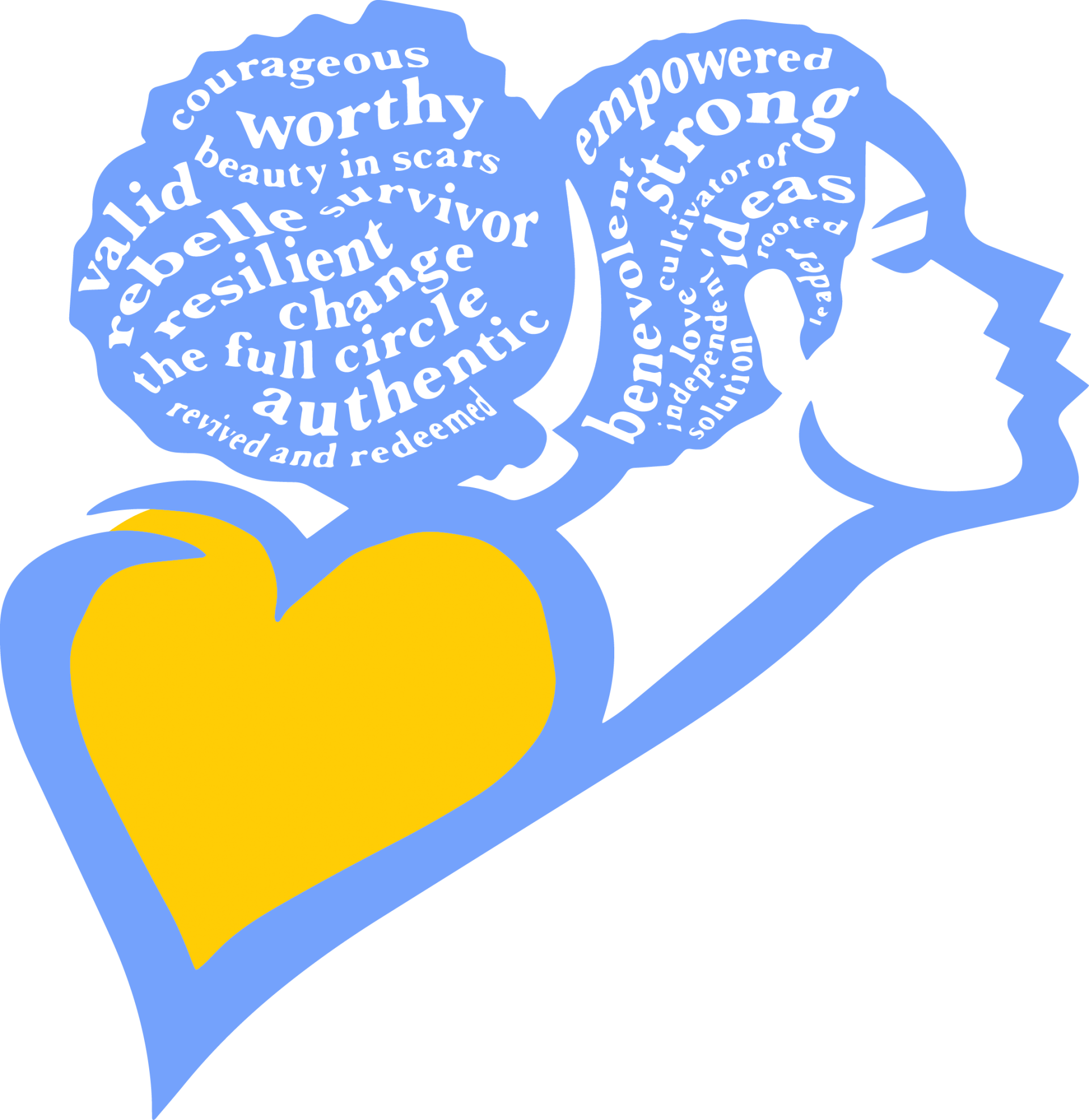 Blue profile with heart-shaped chest and word-filled brain; yellow heart and white text on blue background
