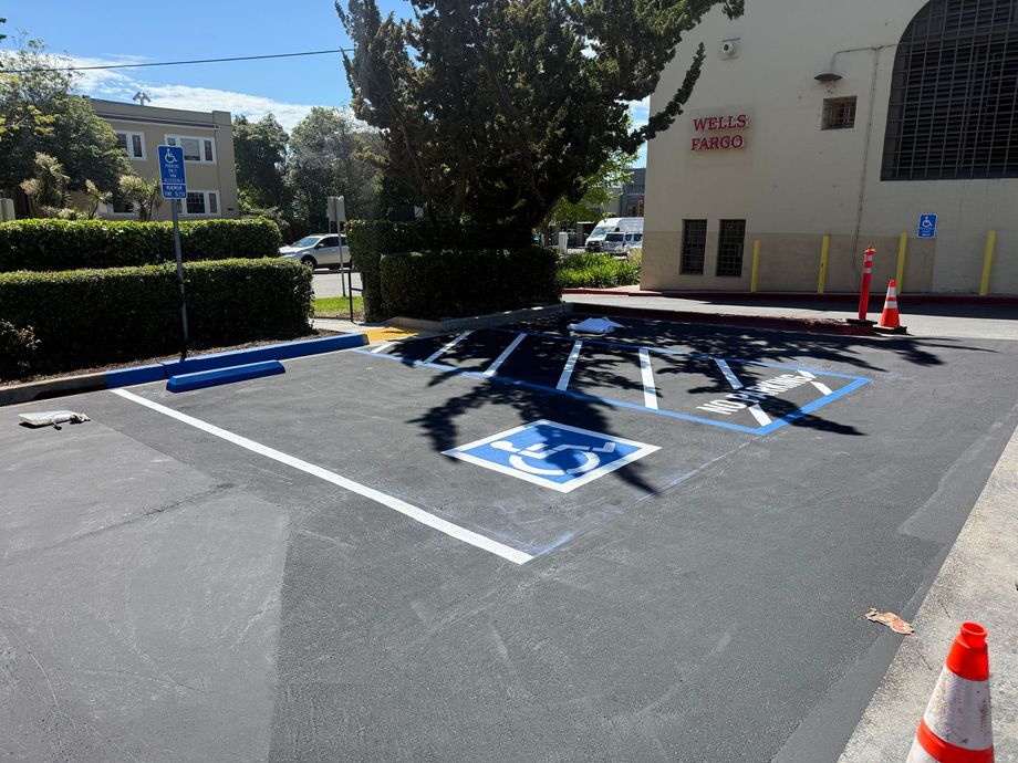 Empty accessible parking spaces in a sunny lot, with blue handicap symbols and orange cones near a building.