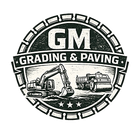 GM Grading & Paving logo with excavator, dump truck, and roadwork gear chain border