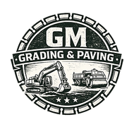 GM Grading & Paving logo with excavator, dump truck, and roadwork gear chain border