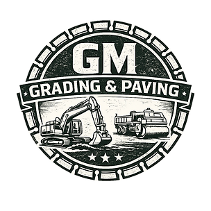 GM Grading & Paving logo with excavator, dump truck, and roadwork gear chain border