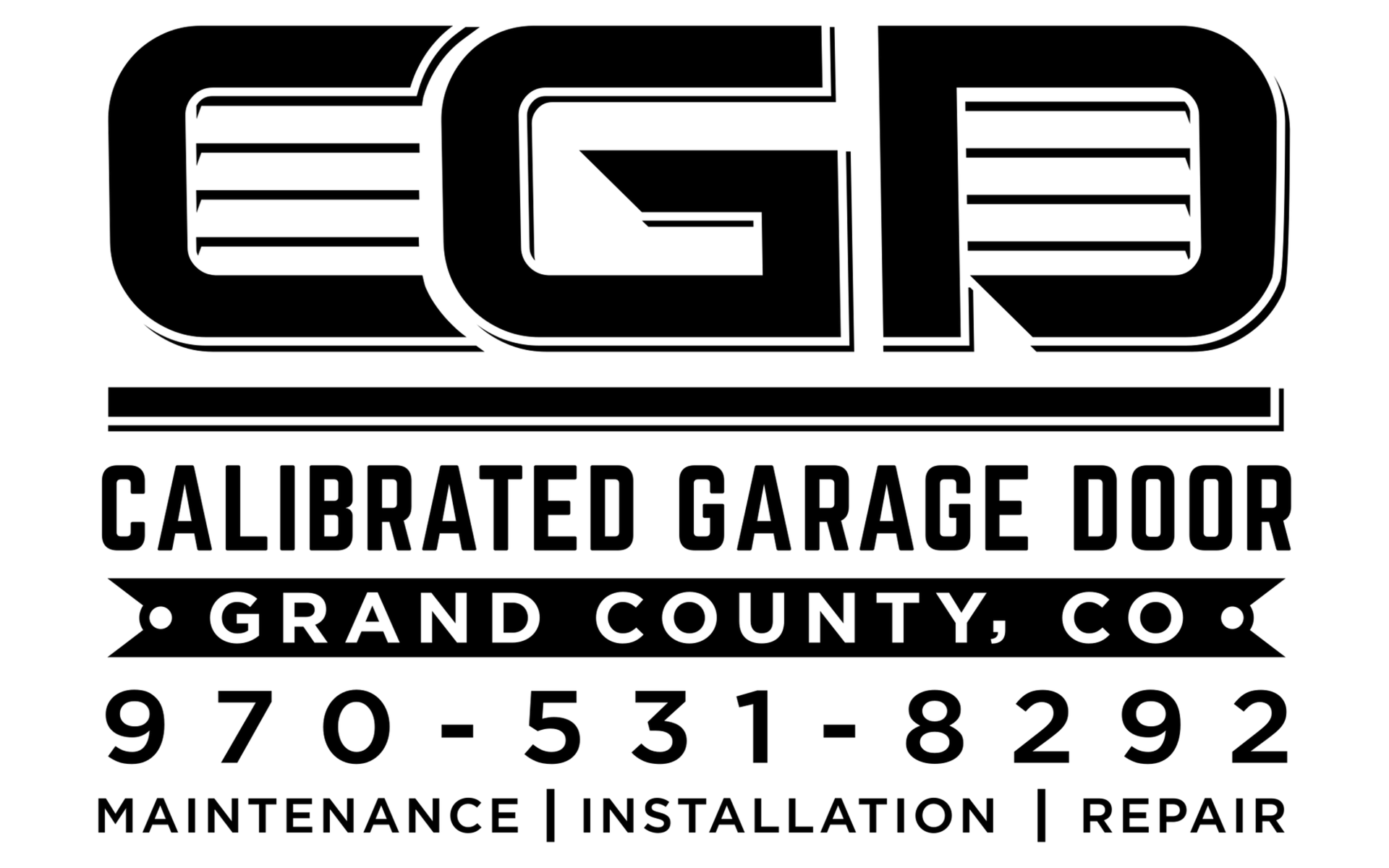 Logo for Calibrated Garage Door: Black text and graphics. Includes business name, location, and phone number.