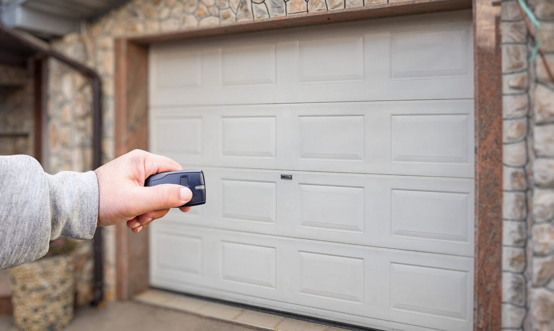 Hand holding a garage door opener, pointing towards a closed, beige garage door.
