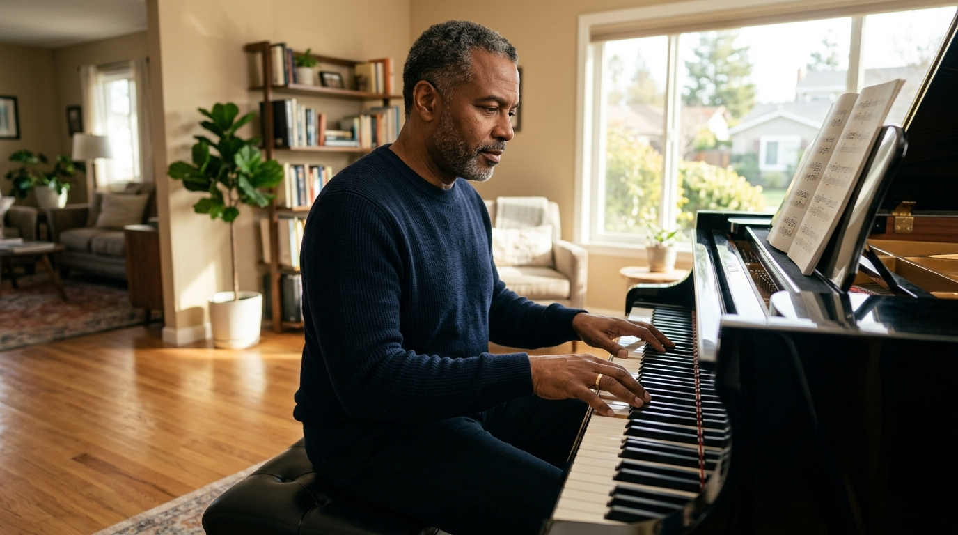 Hands playing a black piano keyboard, wearing a light beige sweater.