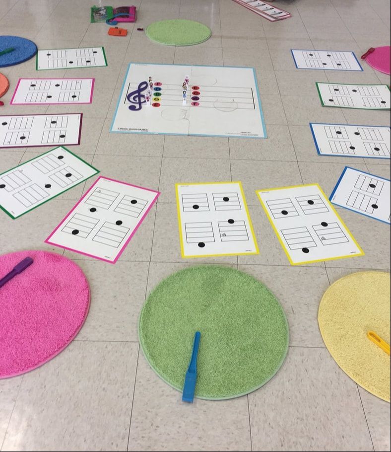 Classroom floor activity with colorful mats and worksheets arranged in a circle around a central poster.
