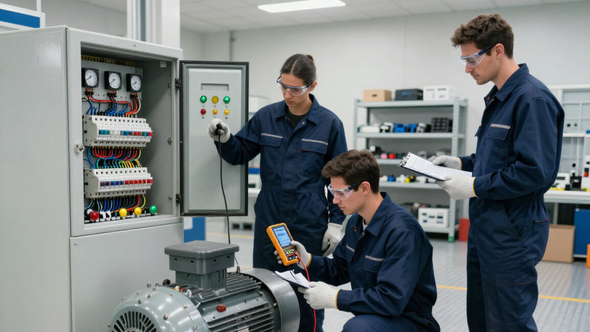 Técnicos en un laboratorio inspeccionando equipos de control eléctrico y un motor.