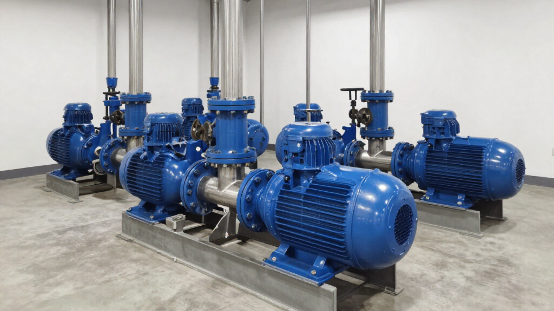 Bombas industriales azules y motores eléctricos montados sobre estructuras metálicas en un almacén.