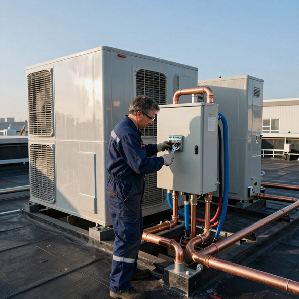 Un técnico ajusta el panel de control del sistema de climatización
