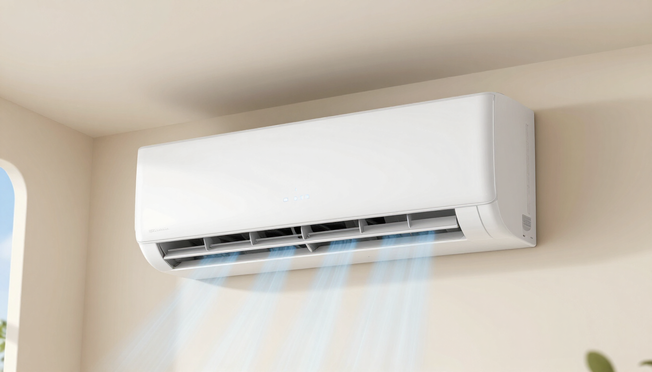 Aire acondicionado blanco montado en la pared que expulsa aire frío en una habitación beige.