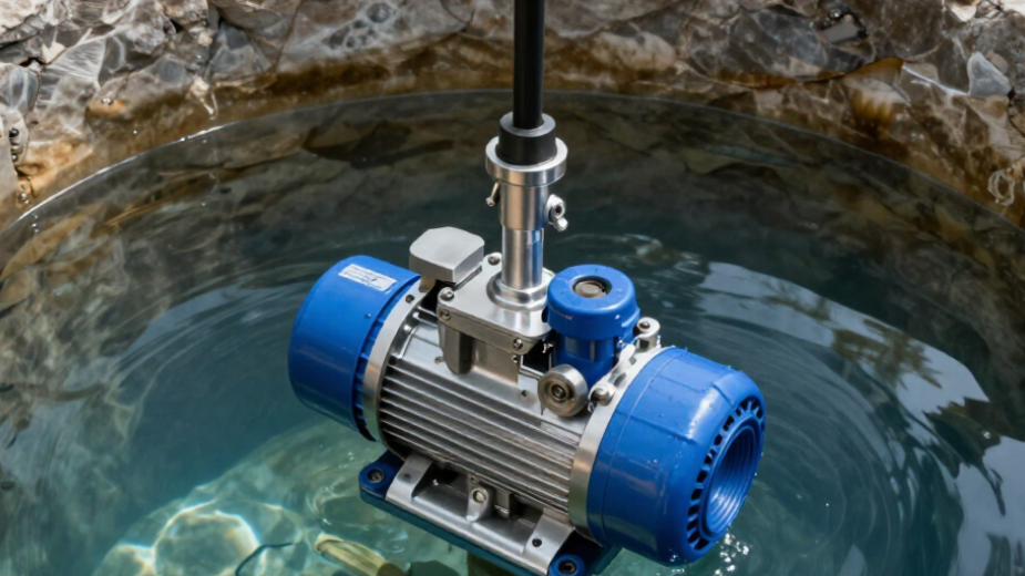 Bomba eléctrica azul sumergida en agua cristalina junto a los bordes rocosos de la poza.