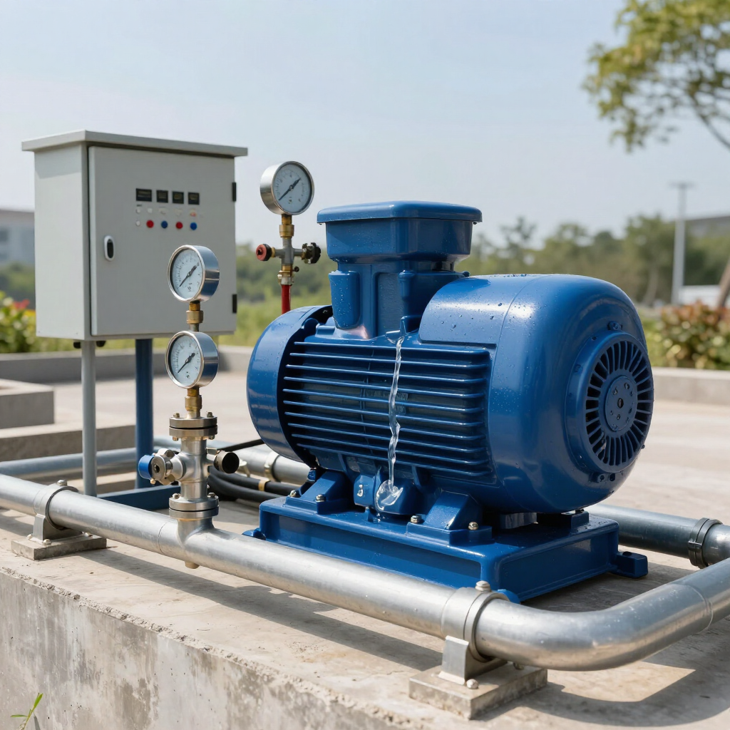 Bomba de agua industrial azul con manómetros y caja de control sobre una plataforma de hormigón al aire libre.