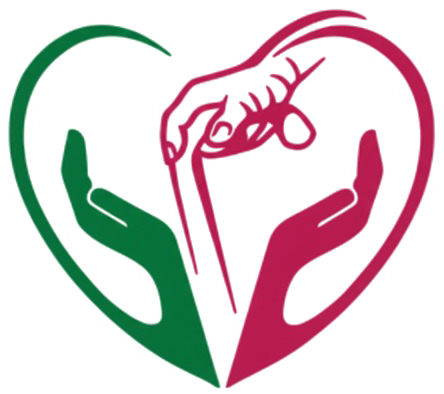 Un contorno a forma di cuore verde e rosso formato da due mani a coppa, con una terza mano che si protende verso il basso per toccare il centro in basso.