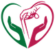 Un contorno a forma di cuore verde e rosso formato da due mani a coppa, con una terza mano che si protende verso il basso per toccare il centro in basso.