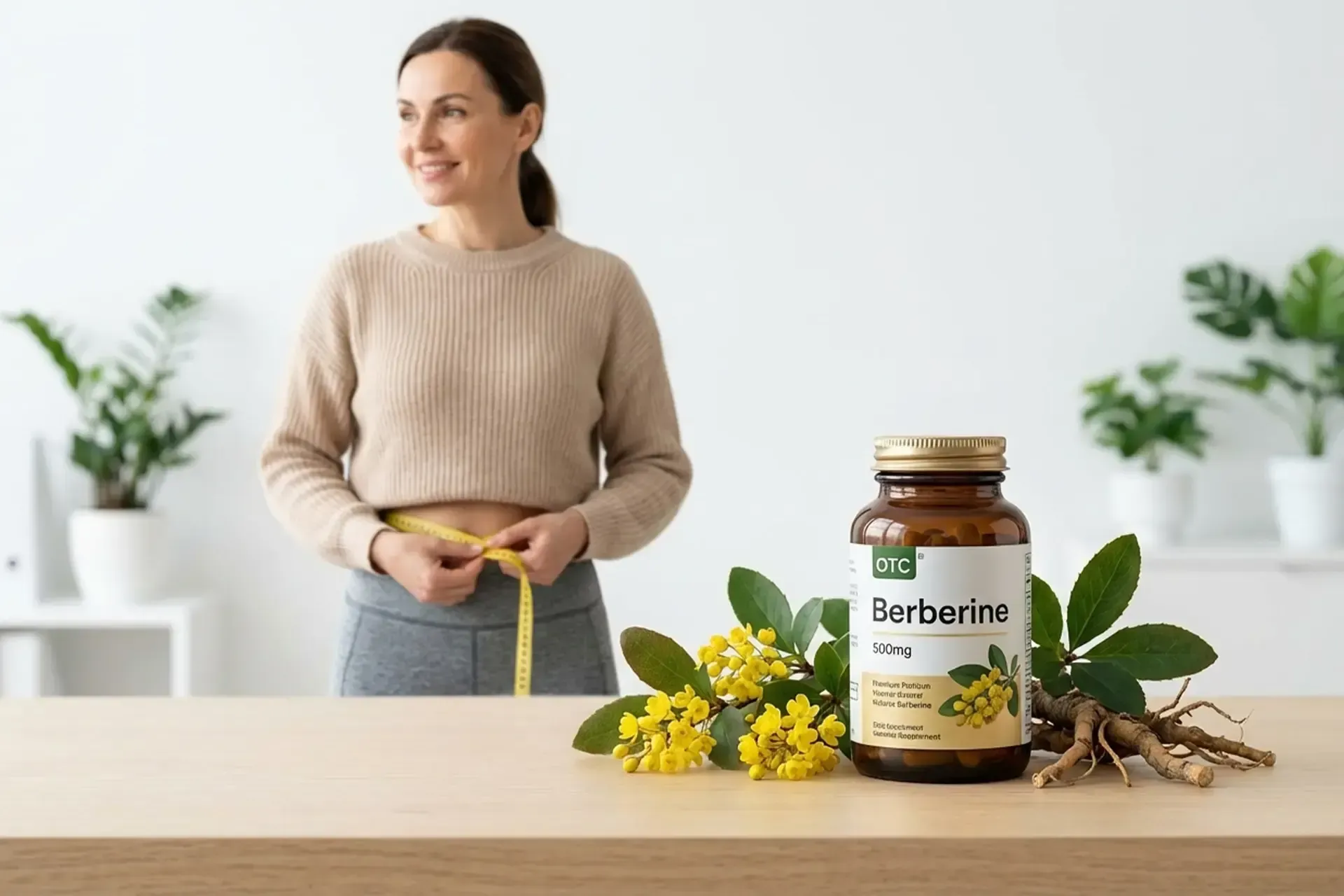 Woman standing behind a table with a berberine supplement bottle, yellow flowers, and a tape measure