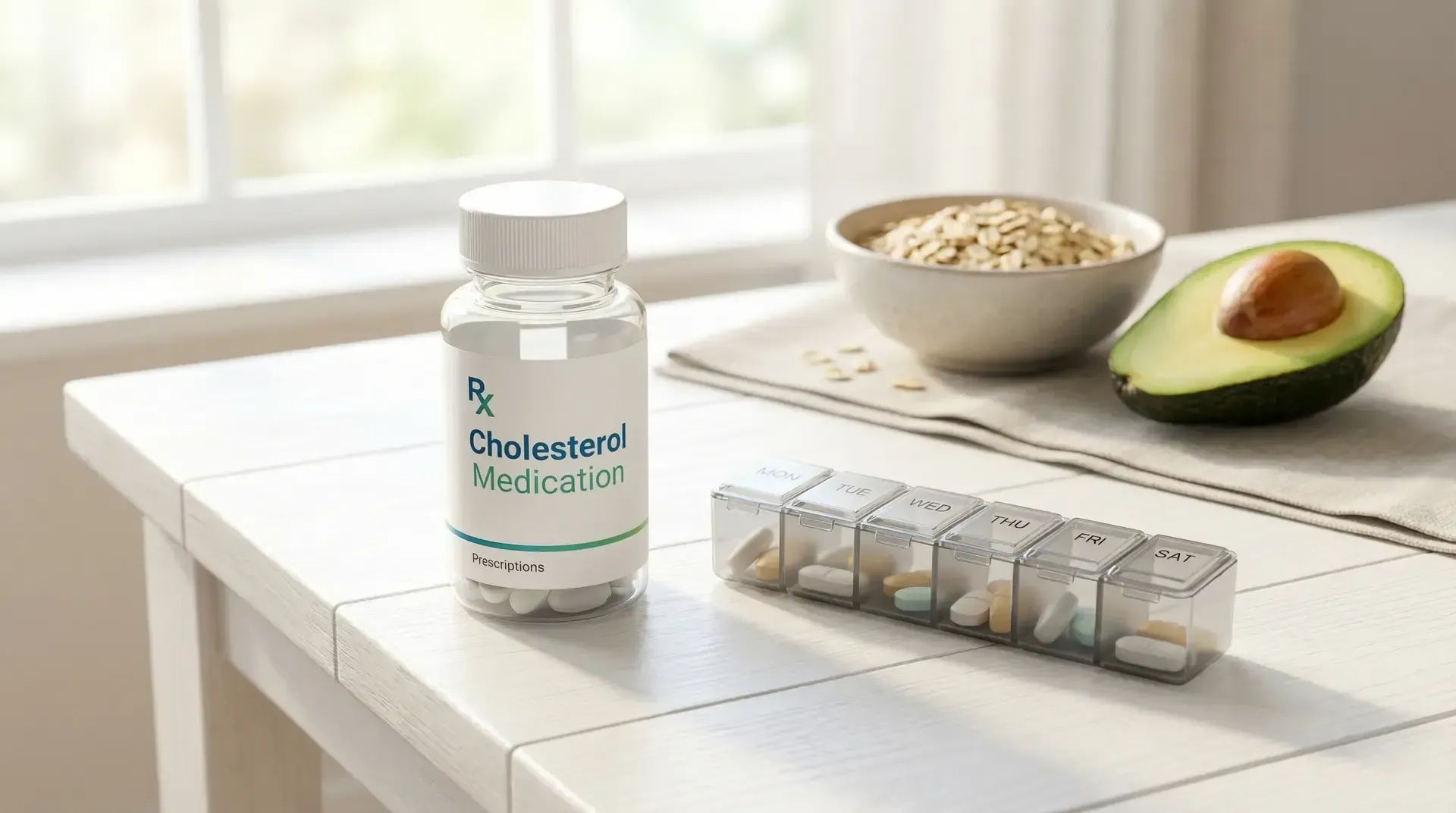 Cholesterol medication bottle, pill organizer, and avocado on a bright table by a window.