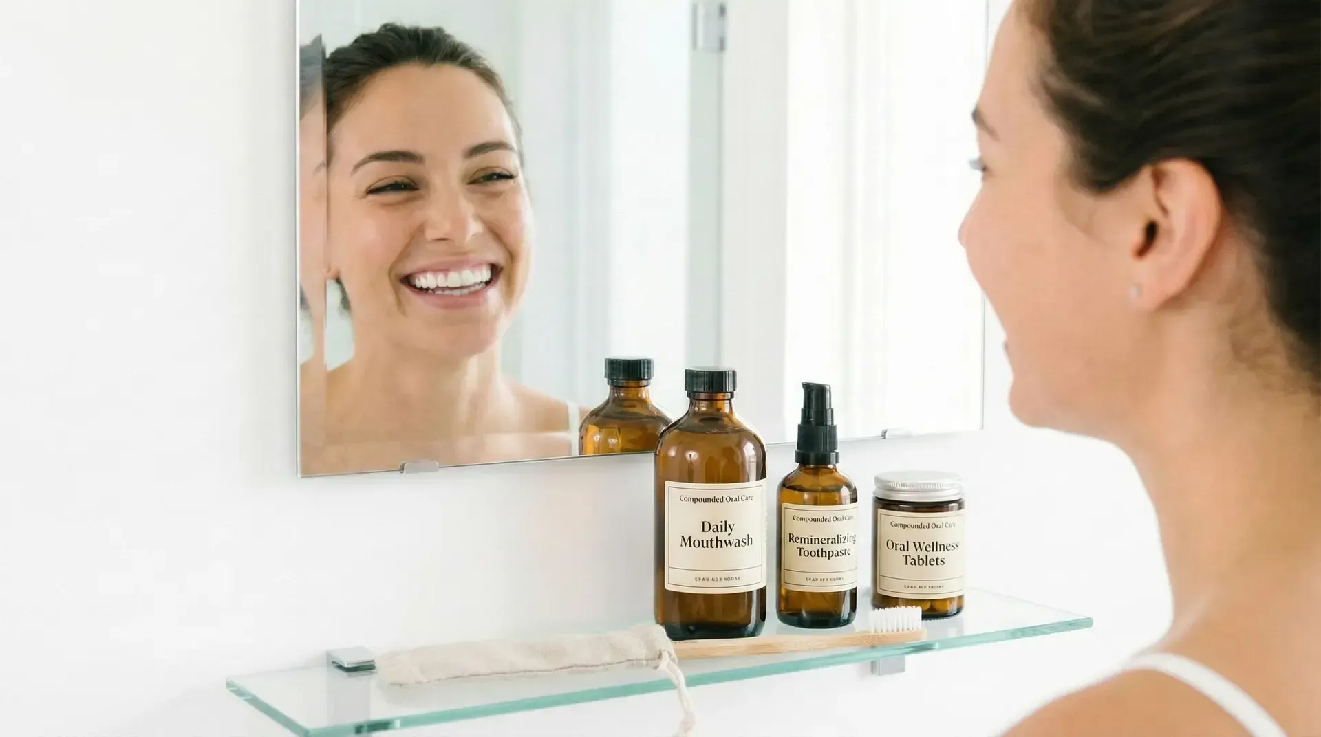 Woman smiling at a bathroom mirror beside two amber skincare bottles on a glass shelf