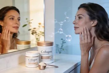 Woman applying skincare beside collagen jars and a mirror on a bright vanity.