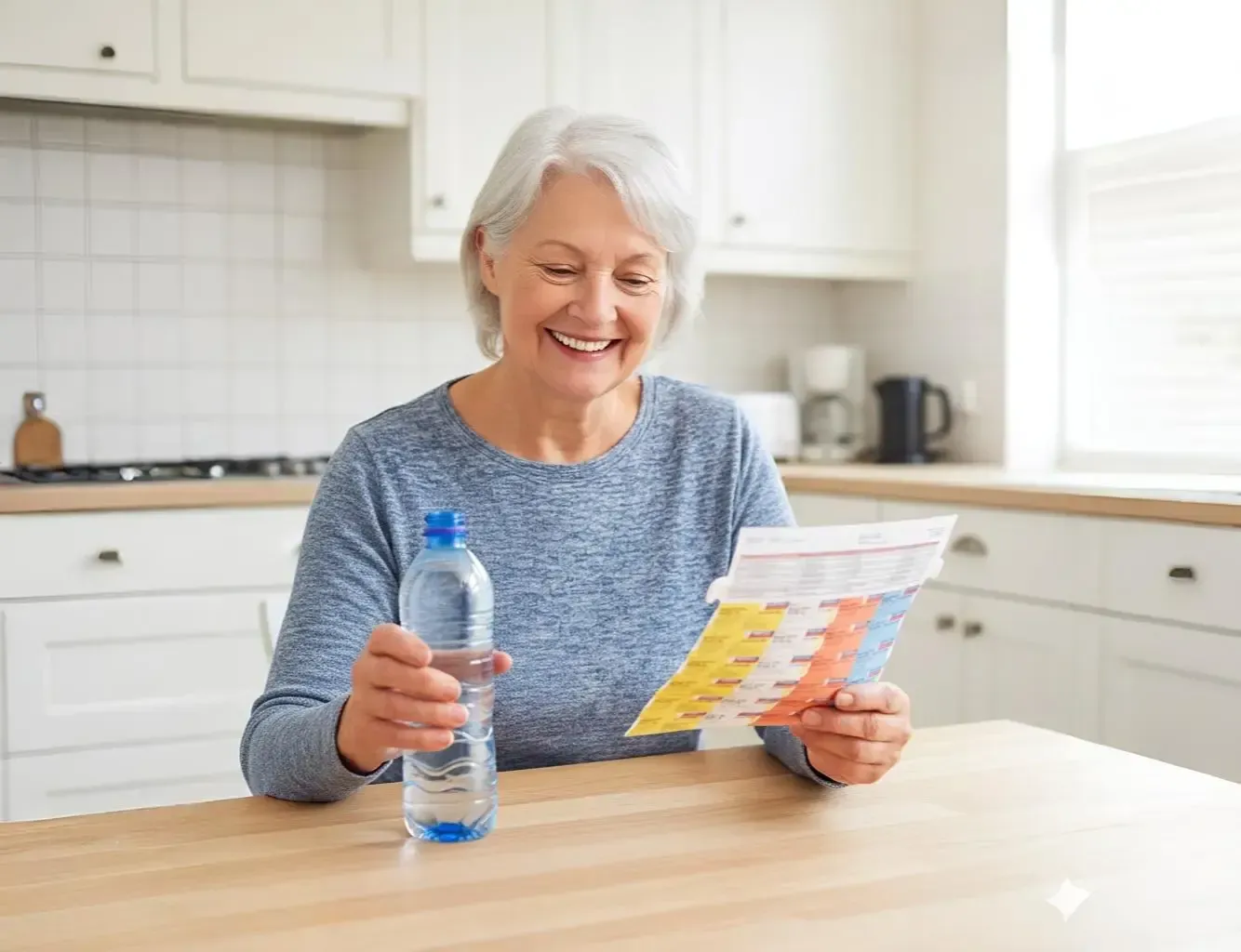 Smiling woman at a kitchen table holding a water bottle and a colorful chart