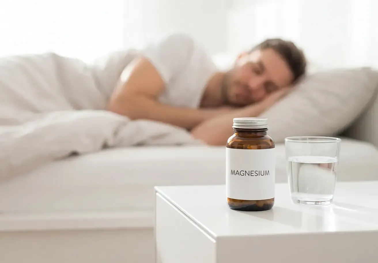 Person sleeping on a couch beside a white table with a pill bottle and a glass of water.