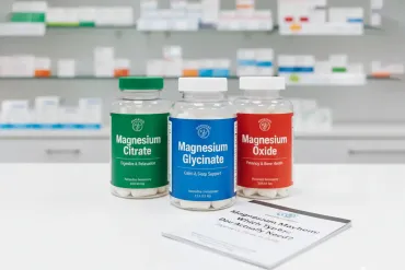 Three magnesium glycinate supplement jars in green, blue, and red on a white counter with a blurred shelf background