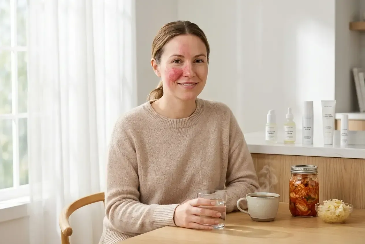 Woman sitting at a table with tea, a mug, and jars in a bright kitchen