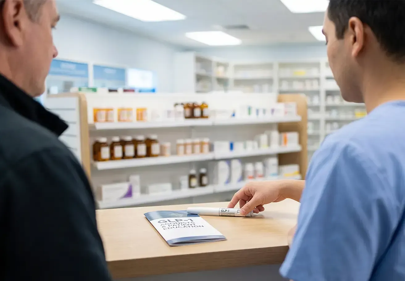 Customer consulting a pharmacist at a pharmacy counter