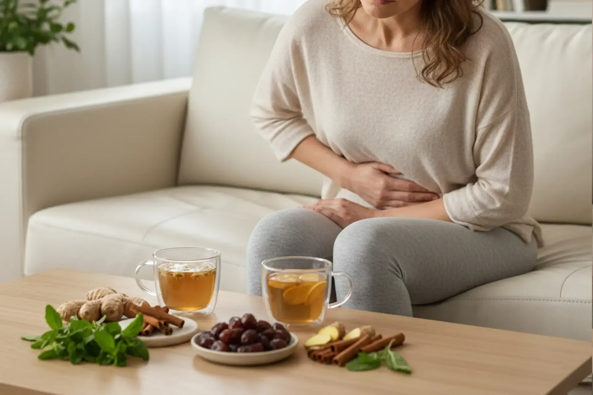 Person holding stomach on sofa beside tea, grapes, and ginger on a coffee table