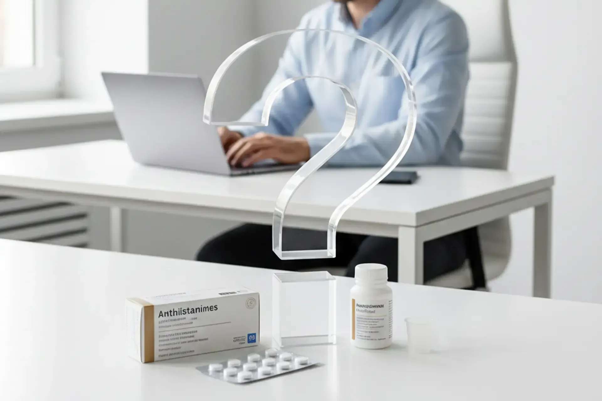 Tablets and medicine bottle on a desk with a blurred person using a laptop in the background Tablets and medicine bottle on a desk with a blurred person using a laptop in the background