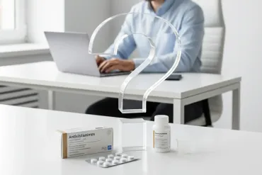 Medicine bottle and pills on a table with a blurred person working on a laptop in the background