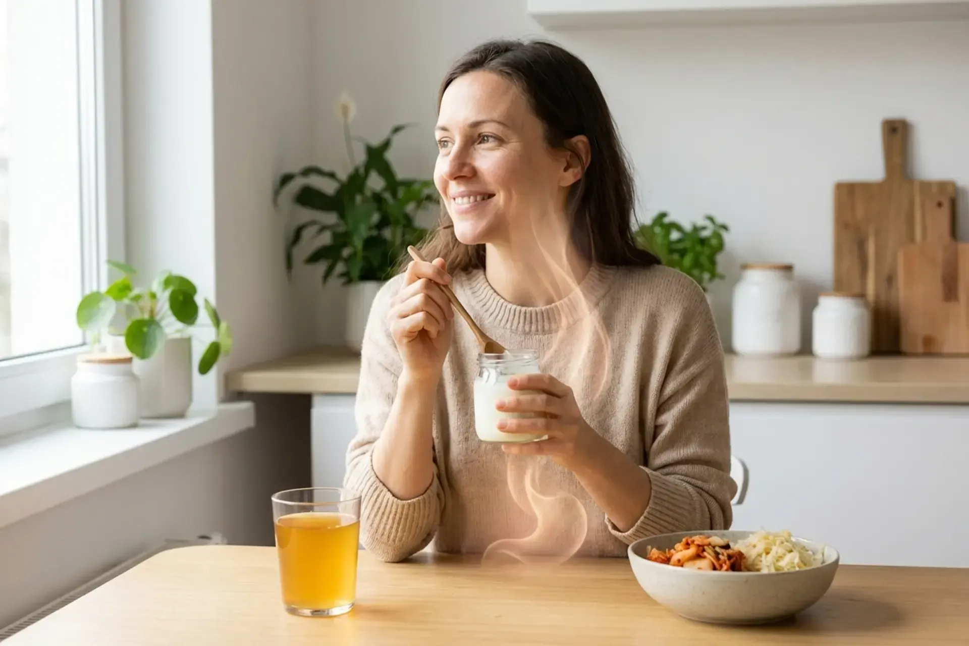 Woman smiling at a kitchen table, holding a yogurt cup beside orange juice and cereal in a bright kitchen